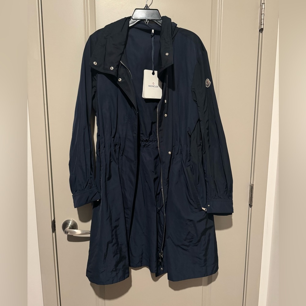 Moncler "Kourou" long parka jacket with silvertone hardware Navy